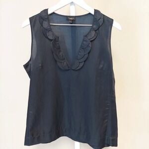Talbots Navy Blue Scallop VNeck Silk Cotton Blend Shell Blouse 8 Minimalist